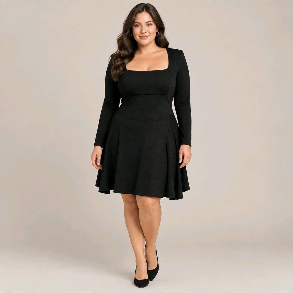 Kaximil Large Black Polyester Square Neck Long Sleeve Fit And Flare Dress